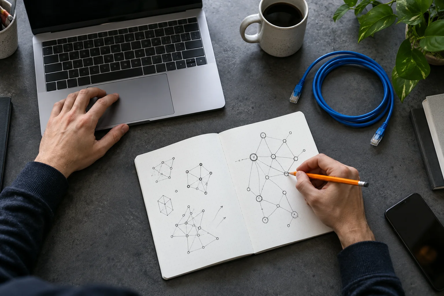 Notebook with hand-drawn network sketches beside a laptop on a workbench